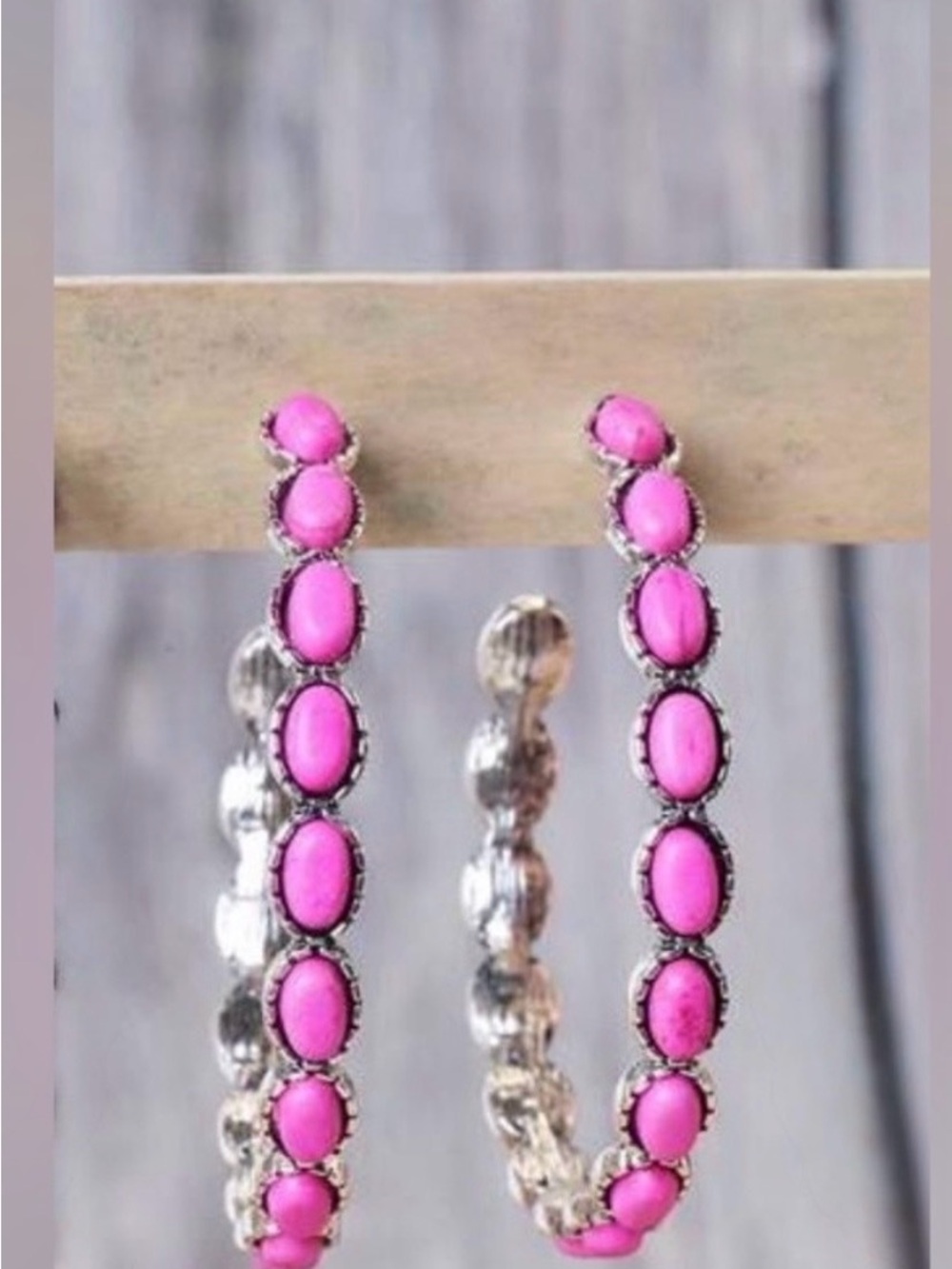 NWOT Western Hoop Earrings Hot Pink Faux Turquoise w Silver Tone Costume Jewelry